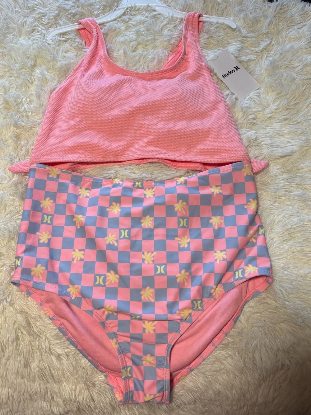 Hurley Pink & Blue Checker High-Waist Girls' Swim Set NWT SIZE XL